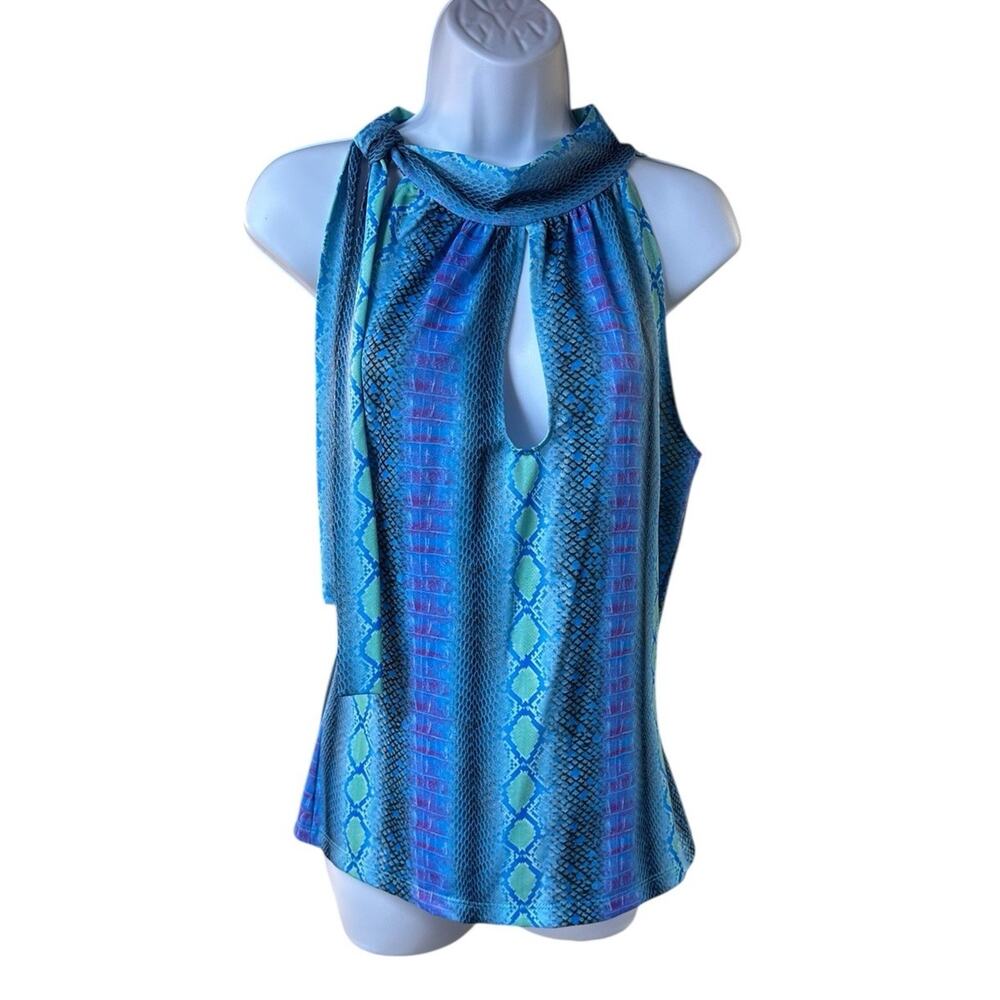 Vintage Cache Blue Snakeskin Keyhole Halter Top Scarf Neck Y2K Glam Club Wear L